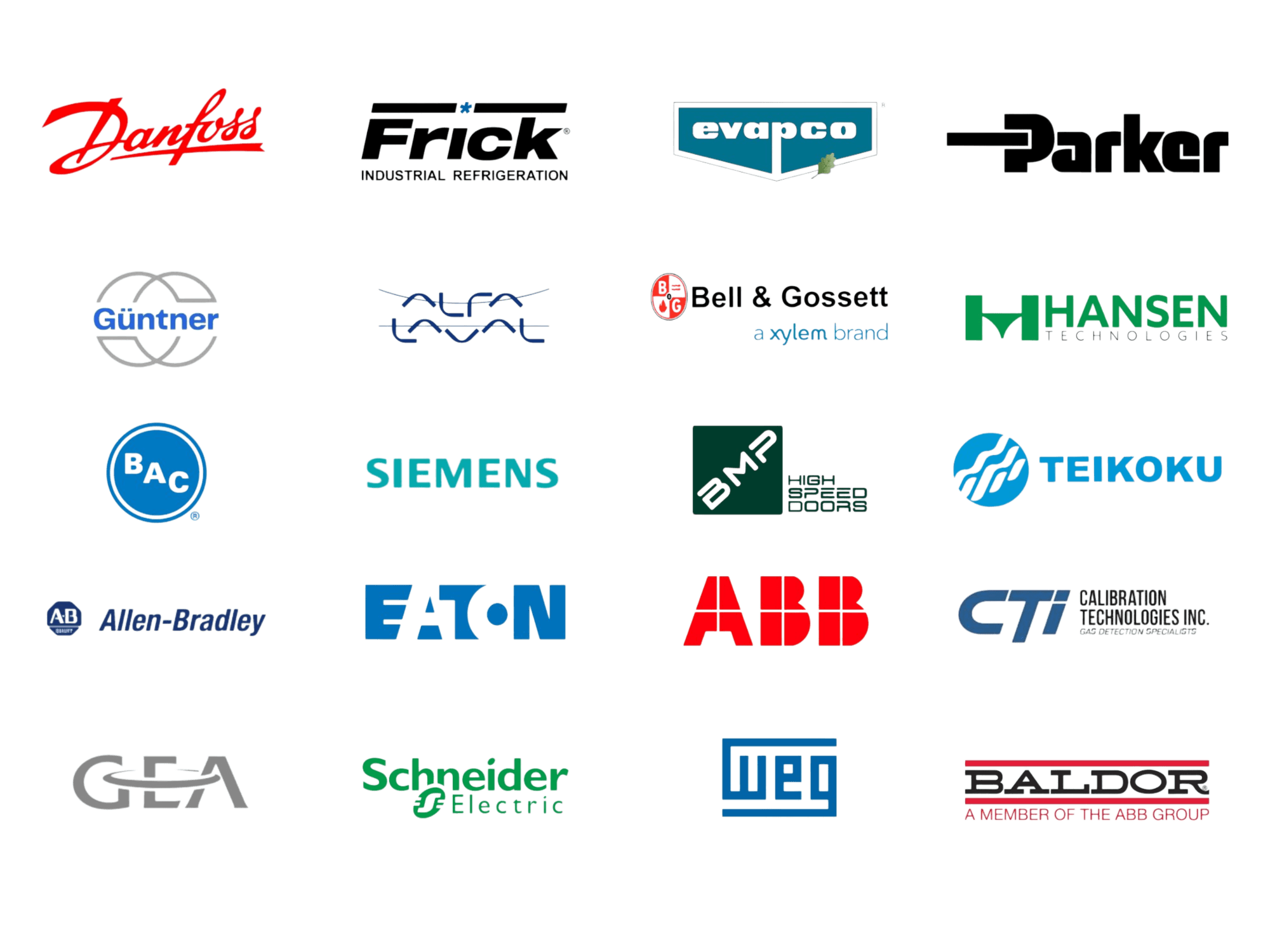 Logos de empresas lideres que confian en GMR Multiservicios para su distribucion y logistica, incluyendo Danfoss, Guntner, BAC, Evapco, Teikoku, Hansen, Parker, Alfa Laval, BMP, CTI, Schneider Electric, Allen Bradley, Siemens, ABB, Eaton, WEG, Greenheck, Baldor, Bell & Gossett, GEA y Frick 