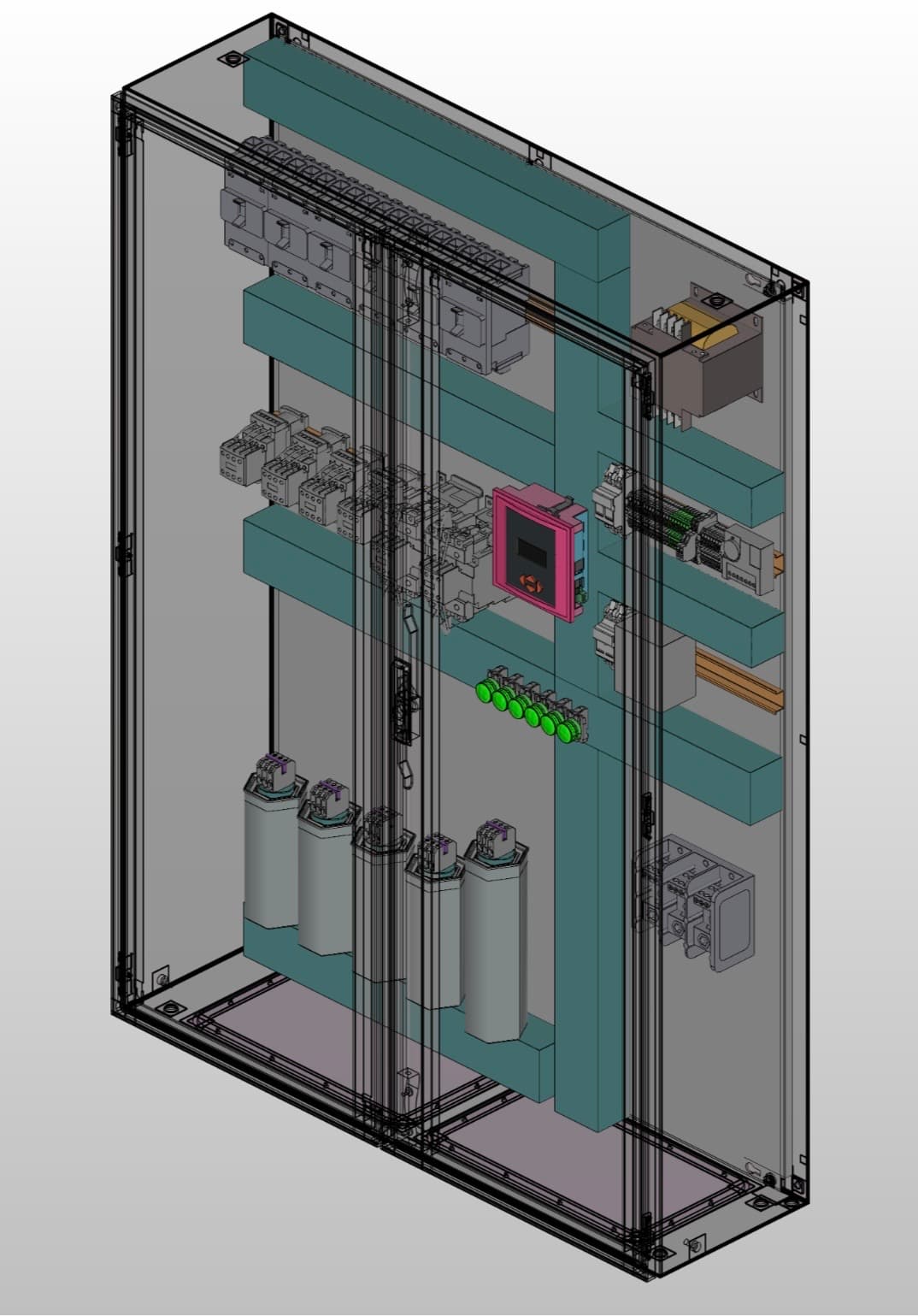 Banco de capacitores para corrección de factor de potencia industrial.
