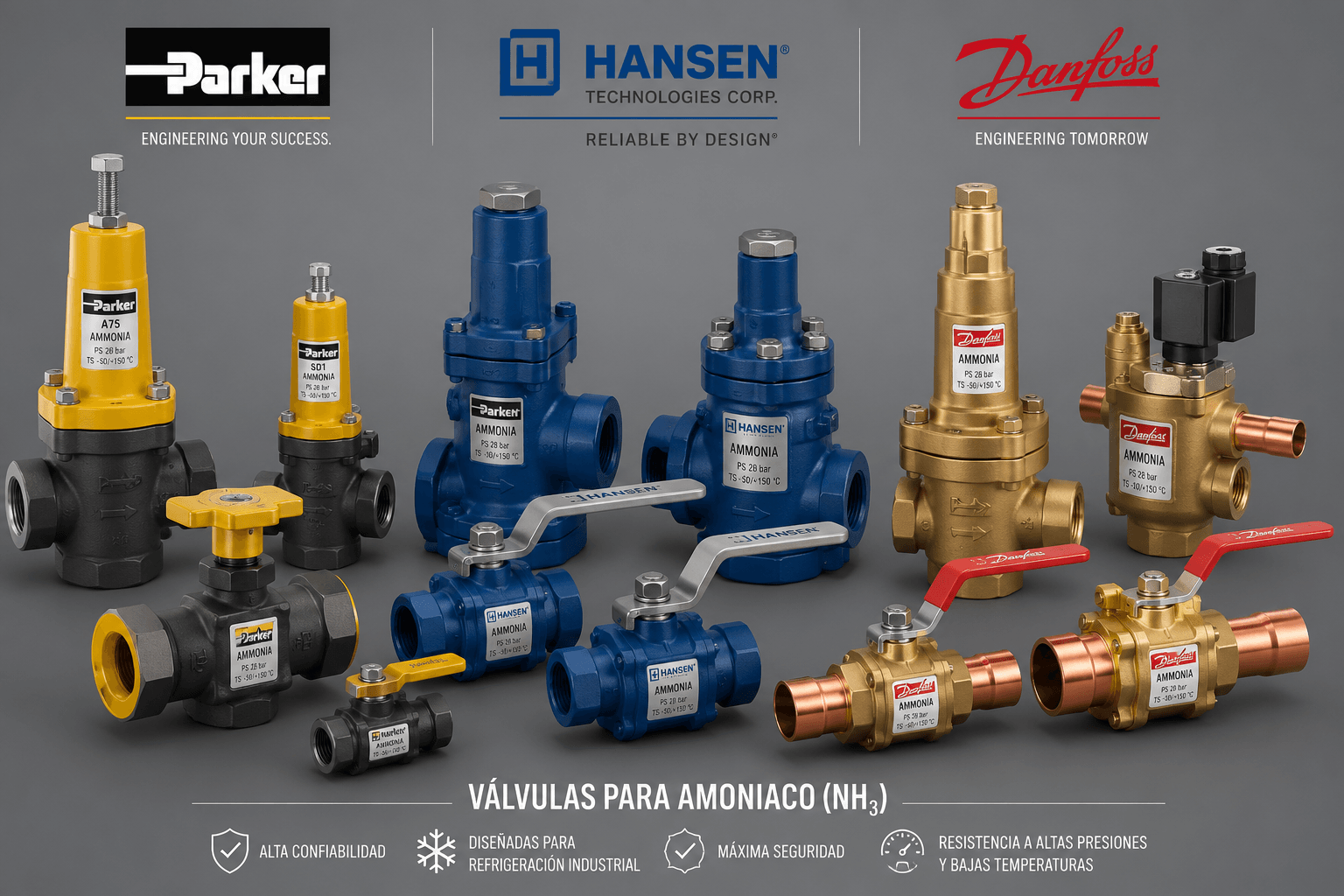 Válvulas para amoniaco utilizadas como referencia de suministro para refrigeración industrial.