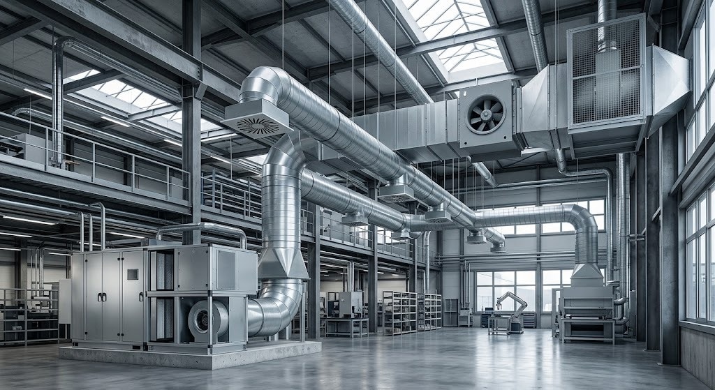 Sistema de ventilación industrial usado como referencia de suministro para inyección y extracción de aire.