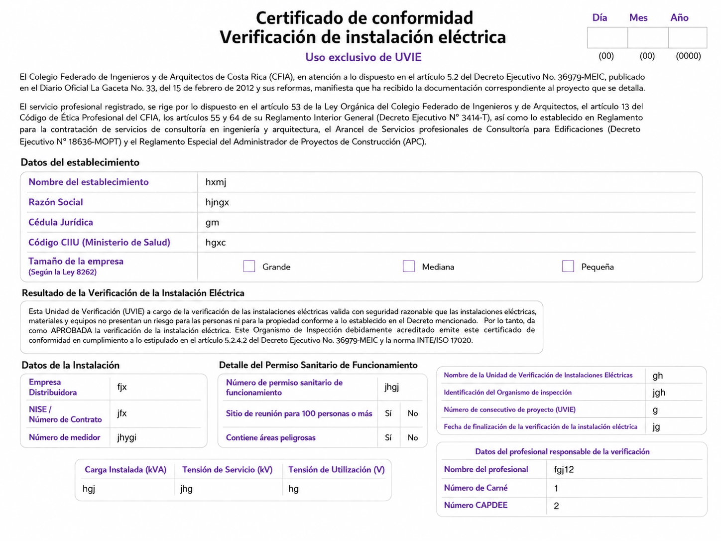 Verificación técnica de instalación eléctrica para certificaciones y permisos.